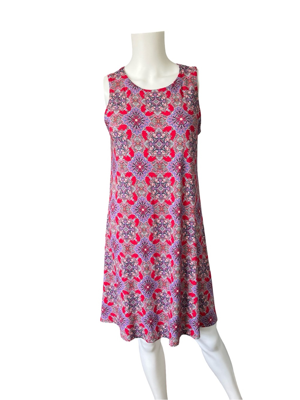 J Jill Tank Dress Sleeveless Knit Red Blue Floral Office Womens Size XS Petite